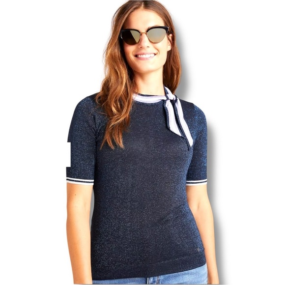 By Anthropologie Tops - Anthropologie NUMPH Sparkly Navy with White Accents Short Sleeve Tie Collar Top